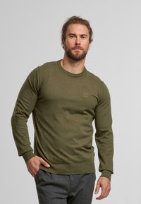 Jersey de color verde oliva con mangas largas y puños acanalados. Presenta un escote redondo y un pequeño logo en el pecho. Está hecho de una tela suave.