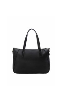 Borsa tote nera in pelle con superficie texturizzata, due manici e chiusura con zip nella parte superiore. Design semplice senza pattern o decorazioni visibili.