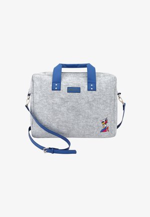 Graue rechteckige Filztasche mit blauen Griffen und Schulterriemen, kleine farbenfrohe abstrakte Katzenstickerei in der unteren rechten Ecke.