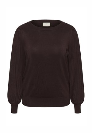 Dunkelbrauner gestrickter Pullover mit Rundhalsausschnitt, Rippdetail an den Ärmeln und schmalen Bündchen, der eine weiche Textur und ein klassisches Design aufweist.