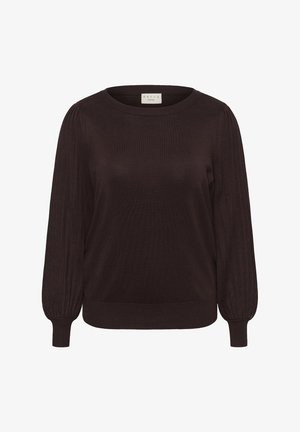 Dunkelbrauner gestrickter Pullover mit Rundhalsausschnitt, Rippdetail an den Ärmeln und schmalen Bündchen, der eine weiche Textur und ein klassisches Design aufweist.