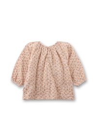 Helle rosa Bluse mit langen Ärmeln, gerafftem Ausschnitt, floralem Muster in Orange und Gelb sowie Knopfverschluss am Rücken. Weicher Stoff.