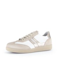 Beige and white sneaker with suede and smooth leather. Features two metallic stripes and a textured rubber sole. Laces are light beige.