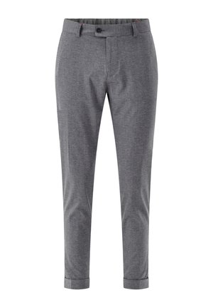 Gray tailored men's trousers with belt loops, front button, zip closure, slanted side pockets, and cuffed hems.