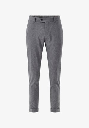 Gray tailored men's trousers with belt loops, front button, zip closure, slanted side pockets, and cuffed hems.