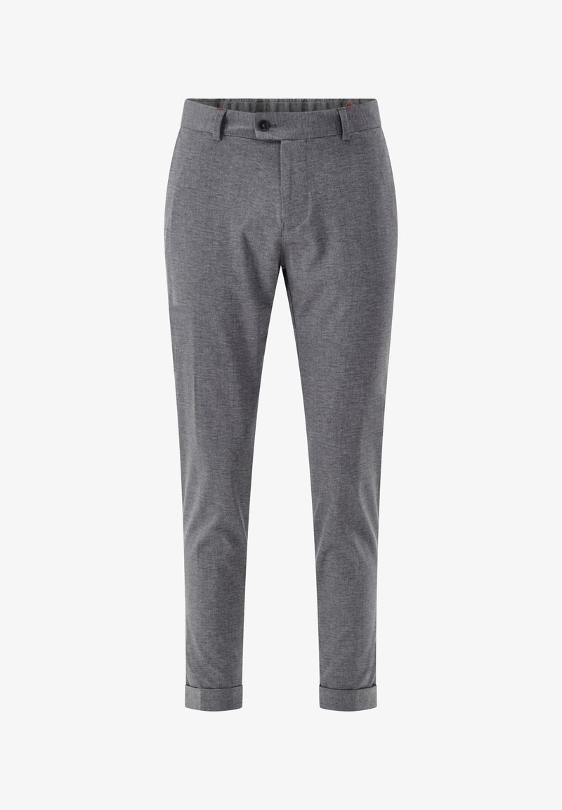 Gray tailored men's trousers with belt loops, front button, zip closure, slanted side pockets, and cuffed hems.