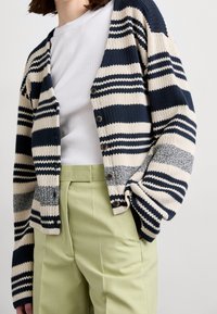 Striped cardigan in cream and navy, knit texture, featuring large buttons and a relaxed fit. Paired with light green high-waisted pants.