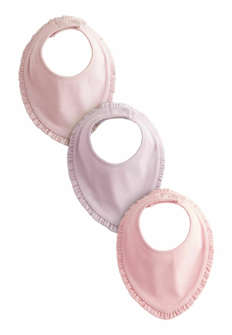 Set of three baby bibs in soft fabric. Colors: light pink, lavender, and deeper pink. Each features a ruffled edge and a snap closure.