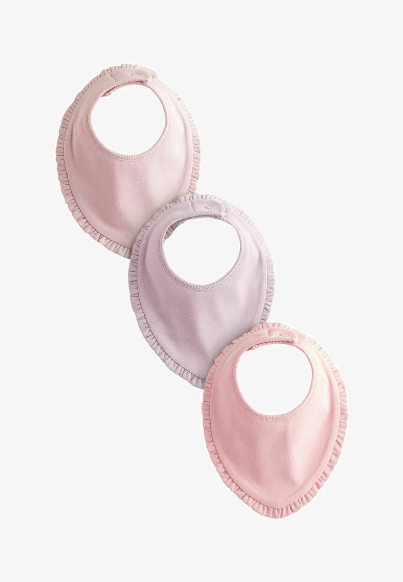 Set od tri baby bibs izrađenih od mekog materijala. Boje: svijetlo ružičasta, lavanda i dublja ružičasta. Svaki ima naborane rubove i kopču na dugme.