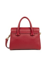 Sac à main structuré en cuir rouge avec une finition texturée, deux anses supérieures et une bandoulière amovible. Équipé de matériaux en finition dorée.
