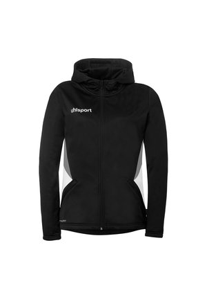 Schwarze Kapuzenjacke mit Reißverschluss, weißen seitlichen Einsätzen, Fronttaschen und "uhlsport"-Logo auf der linken Brust.