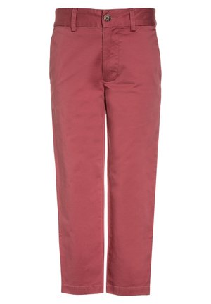 Herrebukser med lige ben i dæmpet rosenrød farve med bæltestropper, knap foran og lynlåslukning, vist mod en hvid baggrund.