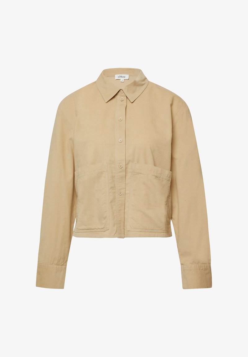 Camicia corta in corduroy beige con maniche lunghe, bottoni frontali, colletto e due grandi tasche frontali.