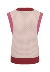 Gilet sans manches tricoté avec un motif texturé rose et blanc, col côtelé rose foncé, emmanchures et bande d'ourlet.
