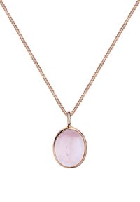 Roséguld halskæde med en rund, glat lyserød stenvedhæng. Kæden har et delikat vævet design. Vedhænget har en poleret overflade.