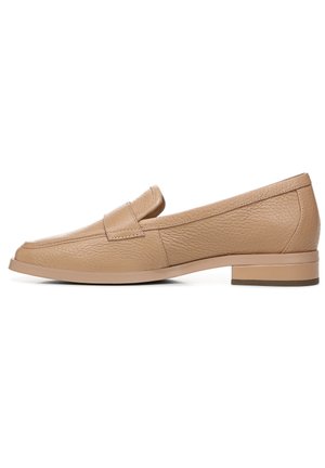 Tan leather loafers with a rounded toe, stitched detailing, and a low block heel. Textured surface with a simple design and no patterns.