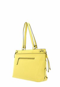 Sac fourre-tout en cuir jaune à texture lisse, avec deux poignées, une poche avant zippée, et un galon noir contrastant le long des bords.
