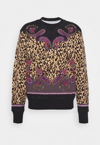 Leopardmönstrad sweatshirt med svarta ärmar, med färgglad paisley- och blomstermaskinbroderi på bröstet och fållen. Ribbad mudd.