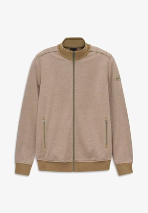 Beige Reißverschlussjacke aus strukturiertem Mesh-Gewebe, mit kontrastierendem Kragen und Bündchen, zwei Seitentaschen und einem dezenten Logo-Patch am Ärmel.