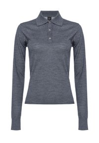 Polo a maniche lunghe in tessuto grigio scuro, con colletto, pattina con quattro bottoni e una sottile texture. Nessun motivo o accentuazione visibile.