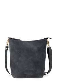 Black leather crossbody bag with a smooth, matte texture, featuring a top zipper, adjustable strap, and gold-tone hardware accents.
