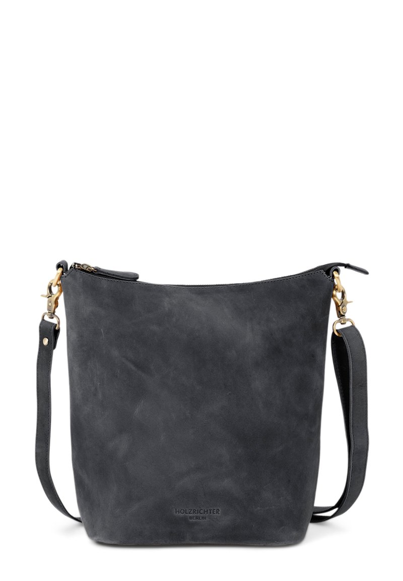 Black leather crossbody bag with a smooth, matte texture, featuring a top zipper, adjustable strap, and gold-tone hardware accents.