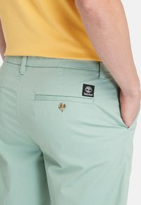 Světle zelené šortky vyrobené z měkké tkaniny, s knoflíkovým zapínáním, bočními kapsami a černou nášivkou Timberland na zadní straně.