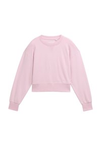 Jasnoróżowy, krótki sweter z długimi rękawami, ściągaczami oraz okrągłym dekoltem. Wykonany z miękkiego materiału o gładkiej fakturze.