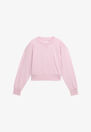 Jasnoróżowy, krótki sweter z długimi rękawami, ściągaczami oraz okrągłym dekoltem. Wykonany z miękkiego materiału o gładkiej fakturze.