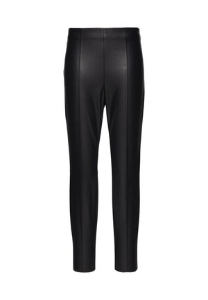 Pantalons en cuir noir avec une taille haute, coupe slim, présentant des coutures verticales pour un look ajusté et une texture lisse et brillante.