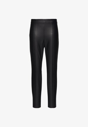 Pantaloni neri in pelle con vita alta, aderenti, con cuciture verticali per un aspetto su misura e una texture liscia e lucida.