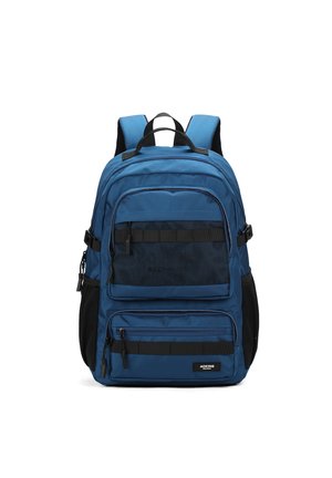 Blue backpack made of durable fabric, featuring multiple zippered pockets, black accents, and adjustable straps. Compact rectangular design.