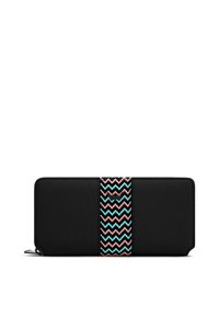 Black wallet with zigzag patterned strap in pink, turquoise, and white. Smooth canvas material with a zip closure. Rectangular shape.