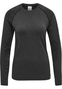 Schwarzes Langarm-Sweatshirt mit strukturierten Akzenten an den Schultern, rundem Crew-Halsausschnitt und geripptem Saum. Hergestellt aus leichtem, atmungsaktivem Material.