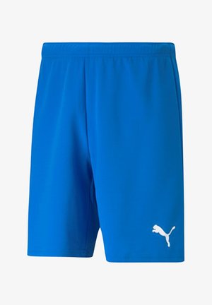 Pantaloni sportivi blu realizzati in un tessuto leggero, con vita elasticizzata e un logo Puma bianco sul lato inferiore destro.