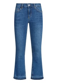 Jeans in denim blu a zampa d'elefante con vita standard, tasche frontali e doppia cucitura all'orlo per maggiore durata e struttura.