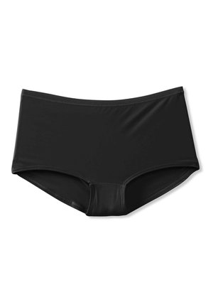 Zwarte zwemonderbroek, gemaakt van soepel, rekbaar materiaal. Heeft een middelhoge taille en schone randen zonder versieringen of patronen.