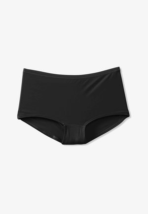 Schwarze Schwimmhose, hergestellt aus glattem, dehnbarem Material. Verfügt über ein mittelhohes Design und saubere Kanten ohne Verzierungen oder Muster.