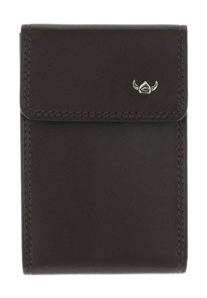 Dark brown leather wallet with front flap and a small silver Viking helmet logo on the top right corner.