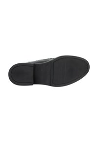 Suola di una scarpa nera da abito che mostra una trama antiscivolo, imbottitura del tacco e marcatura della taglia 37 su uno sfondo bianco.