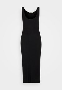 Czarna, prążkowana suknia maxi z dekoltem w łódkę i bez rękawów. Wykonana z rozciągliwego materiału, o dopasowanym kroju i gładkiej fakturze.