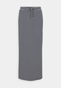 Jupe longue à rayures horizontales bleu marine et blanche avec une taille à cordon, à coupe droite, présentée sur un fond blanc uni.