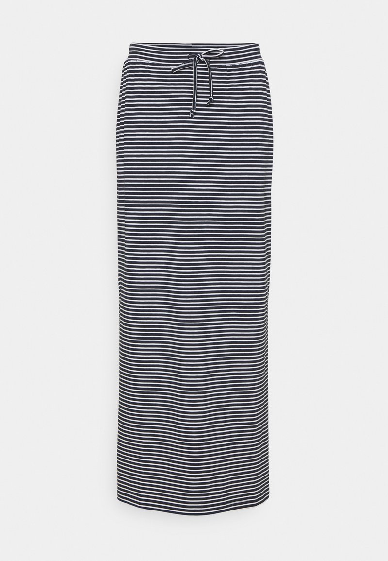 Jupe longue à rayures horizontales bleu marine et blanche avec une taille à cordon, à coupe droite, présentée sur un fond blanc uni.