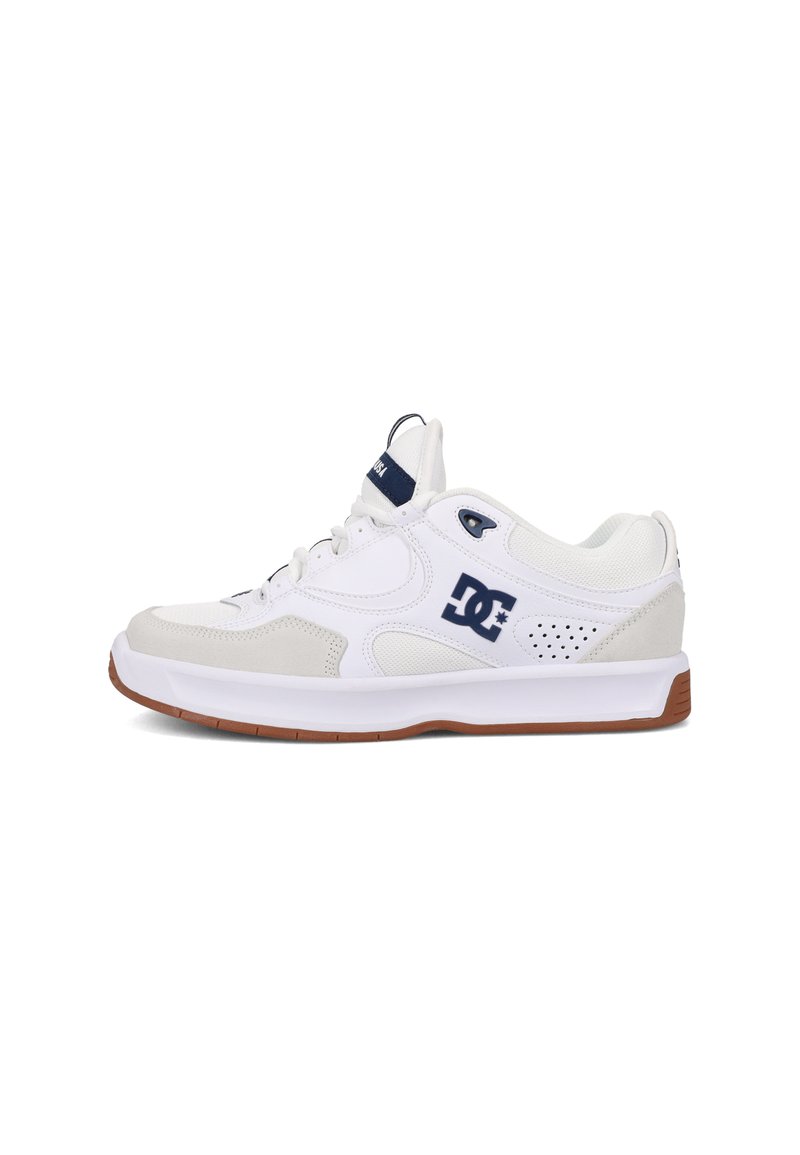 White athletic shoe featuring a mix of smooth and suede materials, blue accent logo, perforated sides, and a brown rubber sole.