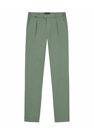 Heren rechte groene broek met elastische zijkanten, riemlussen, zijzakken en voorplooien, geschikt voor informeel of semi-formeel gebruik.