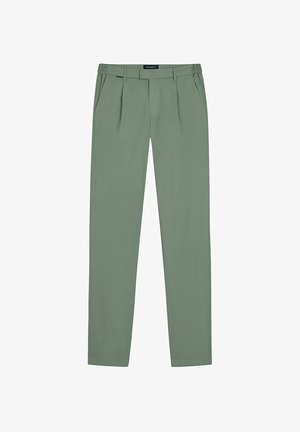 Men's straight-leg green trousers with elastic sides, belt loops, side pockets, and front pleats, suitable for casual or semi-formal wear.