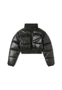 Giacca a vento nera cropped in materiale lucido, con collo alto, chiusura con zip e due tasche a toppa sul petto. Design testurizzato con polsini a coste.