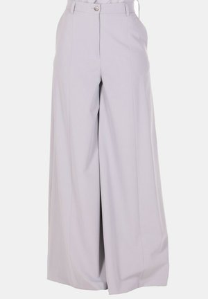 Pantaloni a vita alta color lavanda con gamba larga, passanti per cintura, bottone frontale e chiusura con zip, piega sartoriale su ogni gamba.