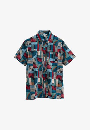 Lühikeste varrukatega nööpidega särk, millel on värvikad abstraktsed geomeetrilised mustrid sinises, punases, türkiissinises, valges ja oranžis.