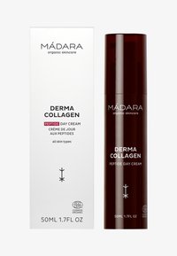 Mádara Derma Collagen peptid dagkräm i en mörk flaska, med en ren vit låda som har svart text och ekologiska certifieringslogotyper.